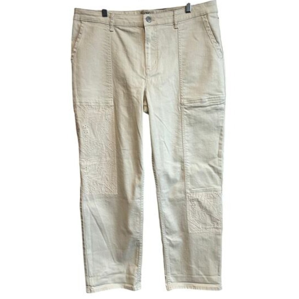 LOGO Lori Goldstein Womens 16P Cream Embroidered Patch Cotton Straight Leg Pants